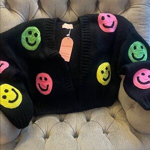 Vibrant Smiley Face Black Cardigan